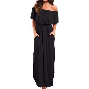 VERABENDI Women's Off Shoulder Summer Casual Long Ruffle Beach Maxi Dress